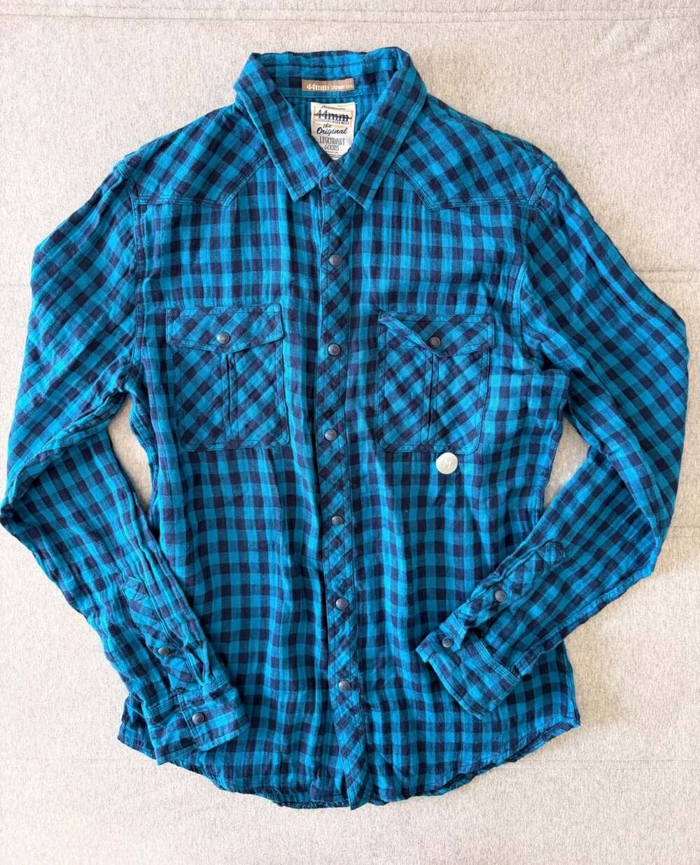 44mm Legendary Goods Plaid Flannel Shirt Size M Blue Black Western Snap